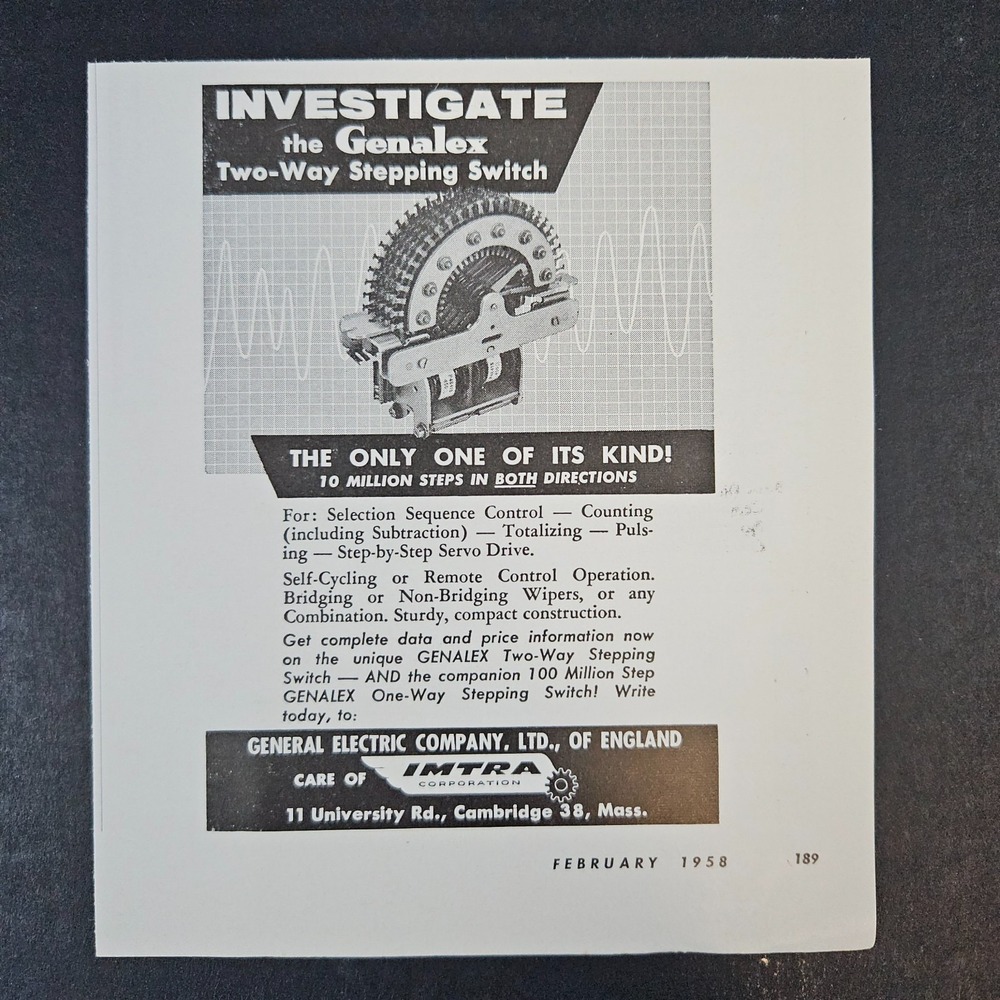 1958 General Electric Imtra Genalex‎ Two-Way Stepping Switch Vintage Print Ad